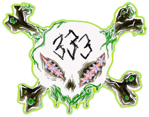 Hand-drawn skull and crossbones with 333 on the forehead, the Mazze emblem